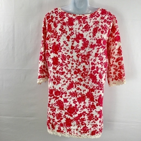 ELENA Baldi Pink And White Floral Print Linen Tunic Top Size M Made In Italy - Picture 2 of 8